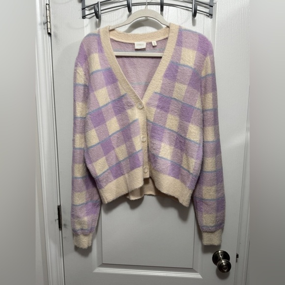 NWT Cyrus NYC Mink Button Down Cardigan plaid light academia preppy clueless L - Picture 1 of 16